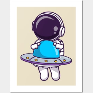 Cute Astronaut Flying With Ufo Alien Cartoon Posters and Art